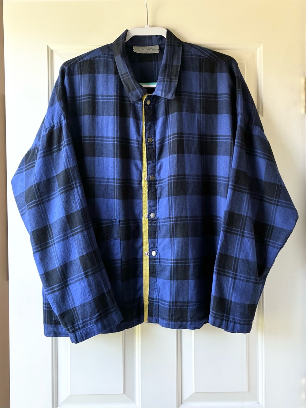Eleven Stitch Design Plaid Shirt Jacket Lagenlook Relaxed Blue Black Size XL